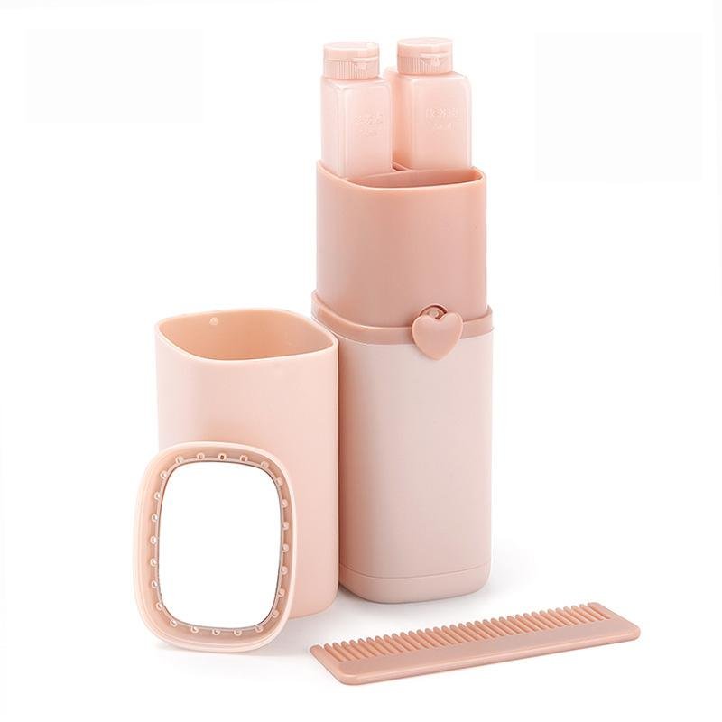 V255-E1403-PINK-52584-00 Portable Toothbrush Holder Tooth Mug Toothpaste Cup Bath Travel Box Accessories Set Pink - Image 1