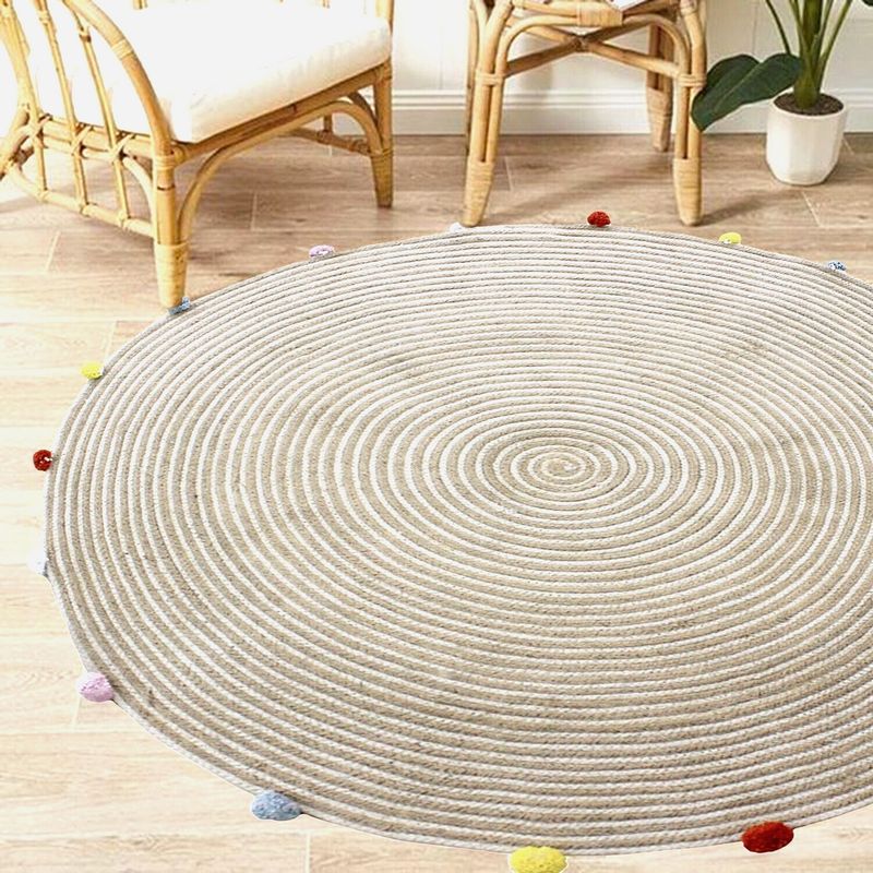 V262-CI-STK-463JPPR-s-l1600-2-00 Round Woven Jute Cotton Multicolour Pompom Rug 120 cm - Image 1
