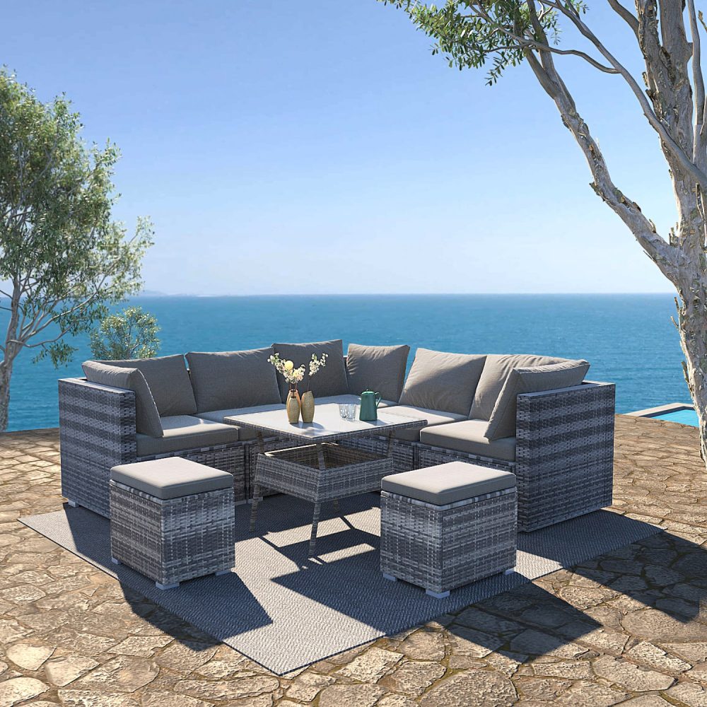 V264-OTF-511S-LGR-51985-00 8PC Outdoor Dining Set Wicker Table & Chairs-Grey - Image 1