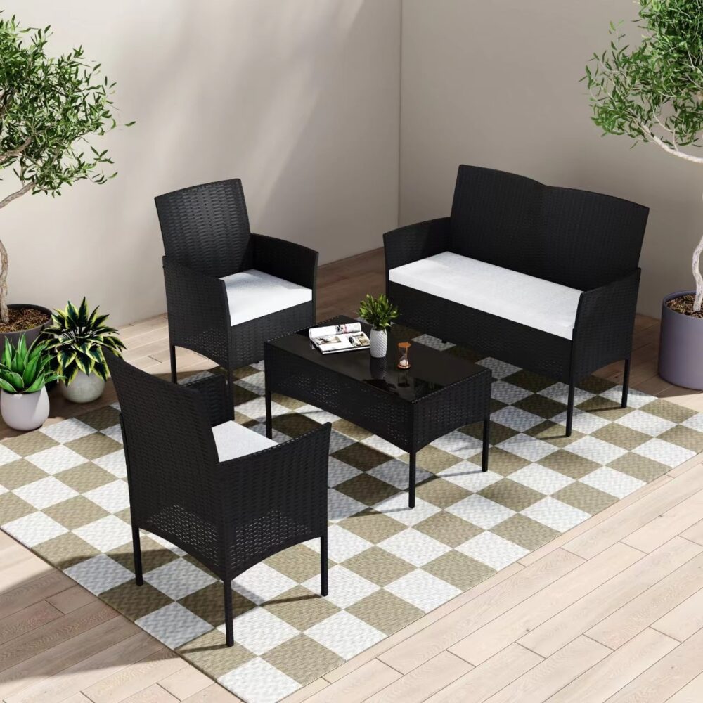 V264-OTF-521S-BLK-UK-61105-01 Ville 4-Seater PE Wicker Outdoor Lounge Sofa Set - Image 1