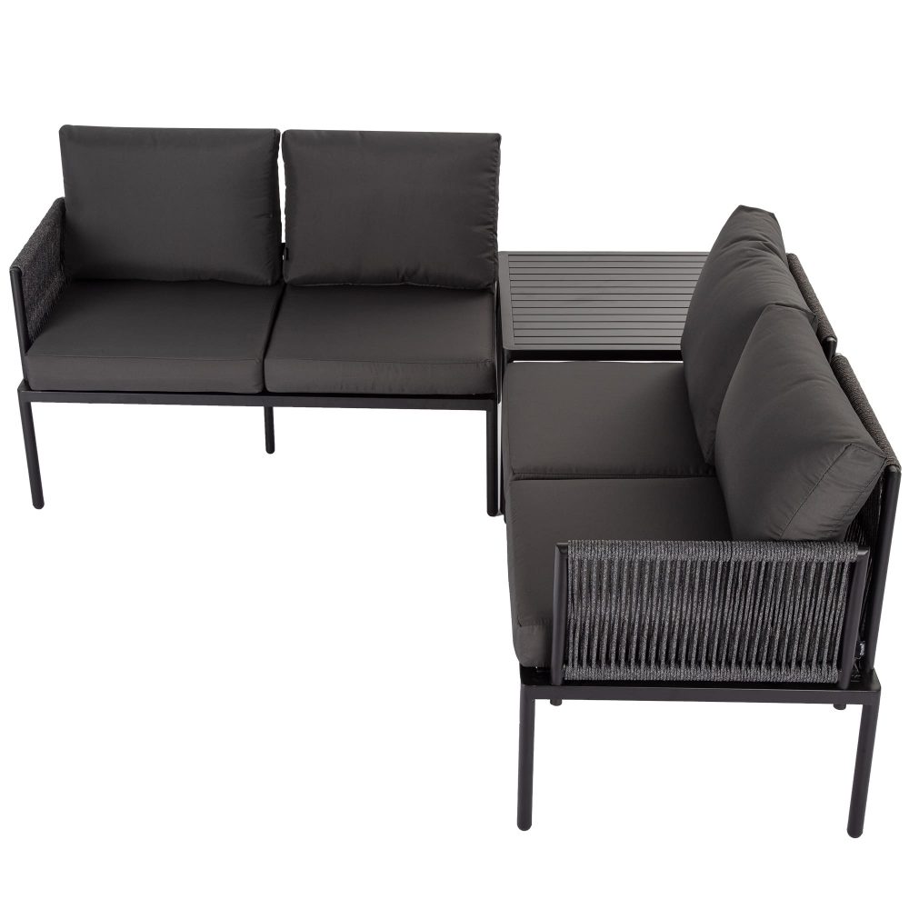 V264-OTF-523S-BLK-NA-1-51995-00 Eden 4-Seater Outdoor Lounge Set with Coffee Table in Black-Stylish Textile and Rope Design - Image 1