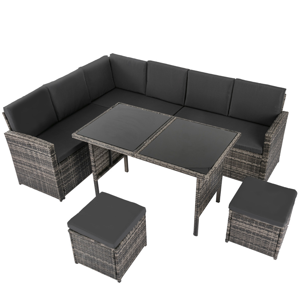 V264-OTF-526S-DGR-51997-00 Ella 8-Seater Modular Outdoor Garden Lounge and Dining Set with Table and Stools in Dark Grey Weave - Image 1