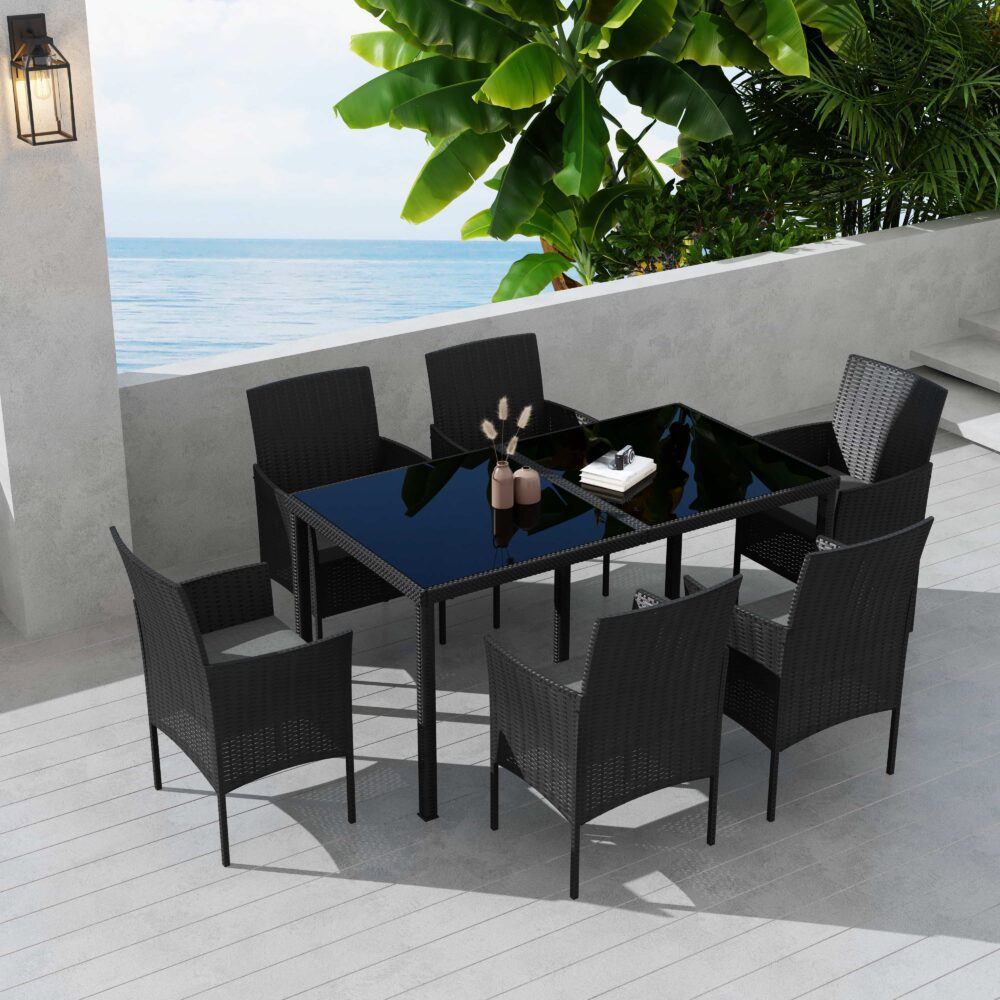 V264-OTF-527S-BLK-54120-01 Outdoor Minimalist Black Wicker 6-Seater Dining Set - Image 1