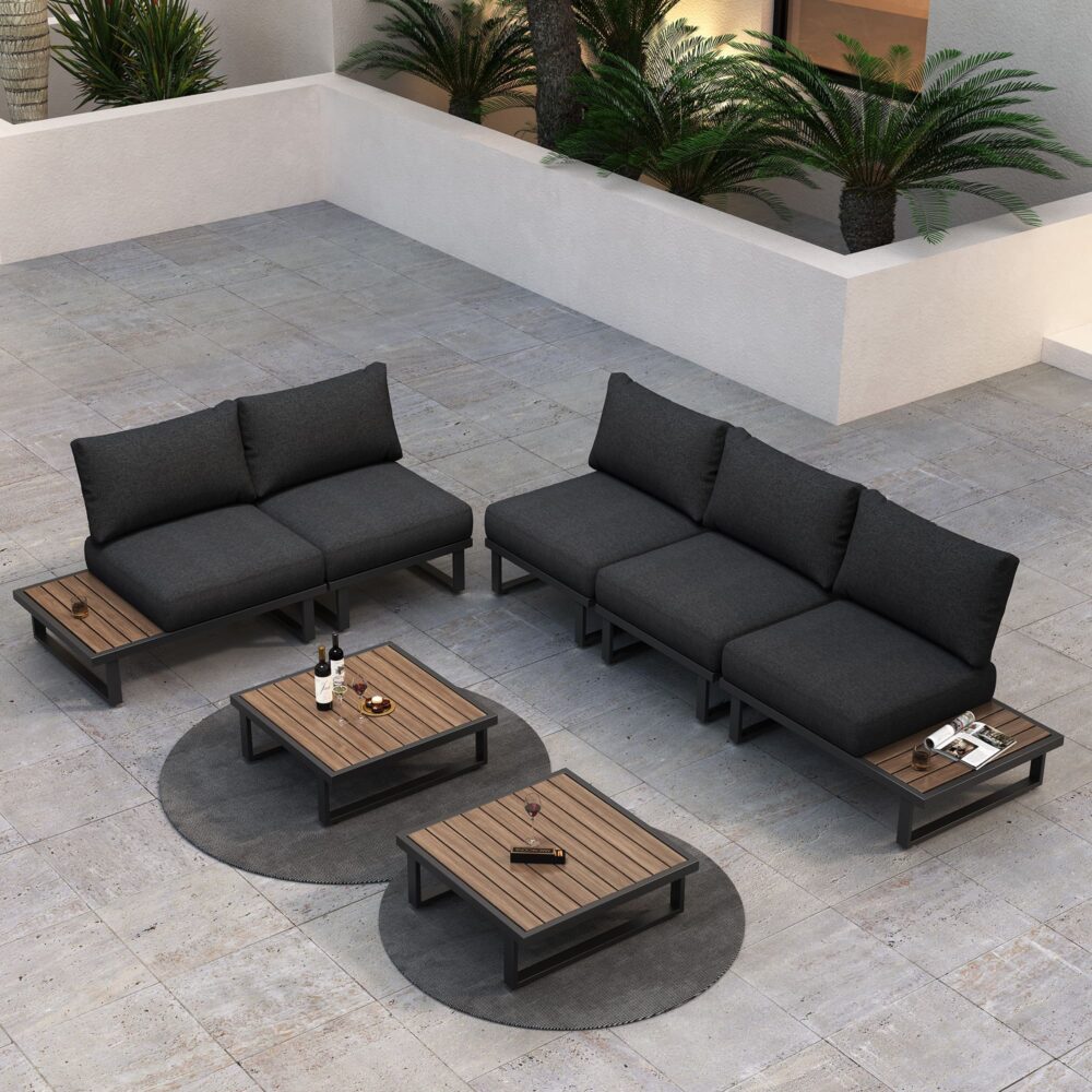 V264-OTF-535A-BLK-7PC-57338-00 Modern Outdoor 7 Piece Lounge Set with Slatted Polywood Design Tables - Image 1