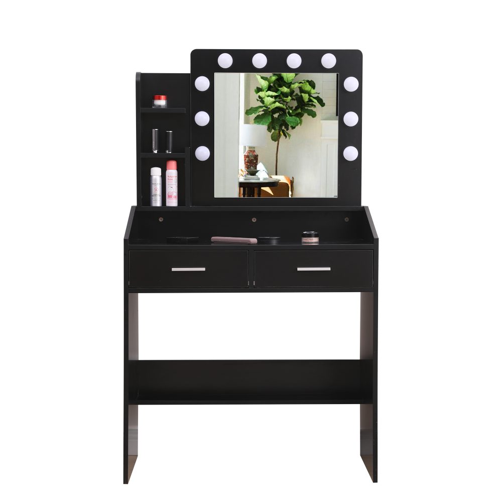 V264-TAB-717C-BLK-NA-1-52015-05 Diana Vanity Set with Shelves Cushioned Stool and Lighted Mirror- Black - Image 1