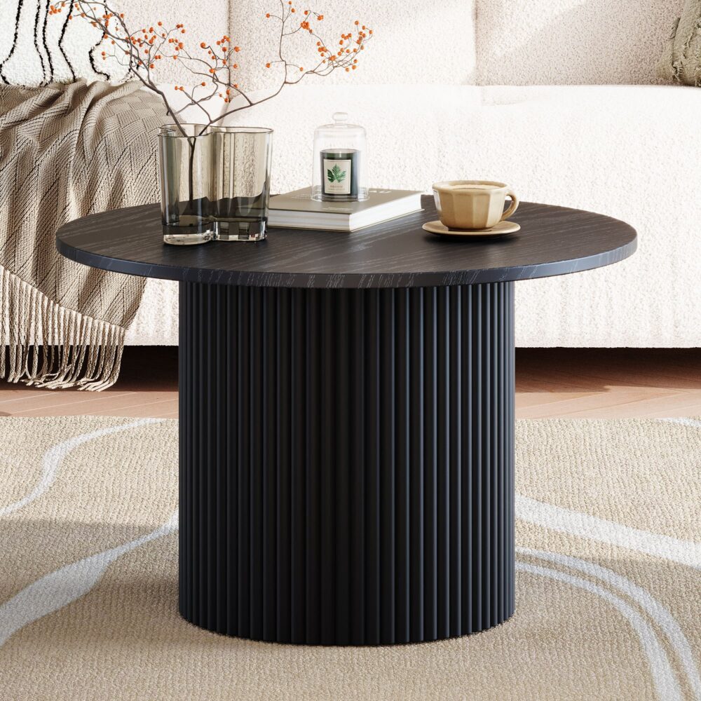 V264-TAB-723C-BLK-NA-1-115126-00 Luxe Black Ribbed Texture Wooden Coffee Table - Image 1