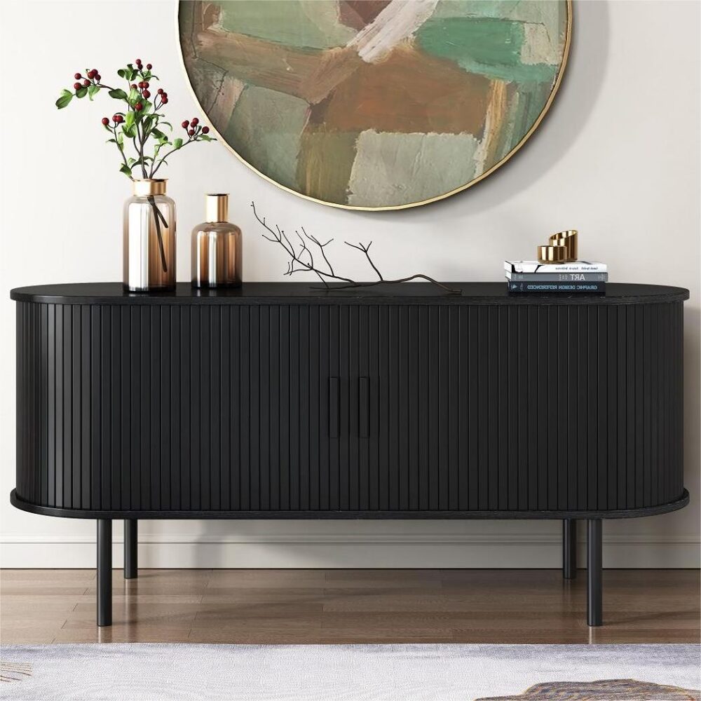 V264-TAB-726C-BLK-NA-1-167551-00 Ribbed Black Sideboard with Sliding Doors - Image 1