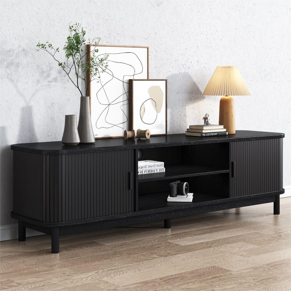V264-TAB-727C-BLK-167558-00 160cm Ribbed Black Entertainment Unit - Image 1