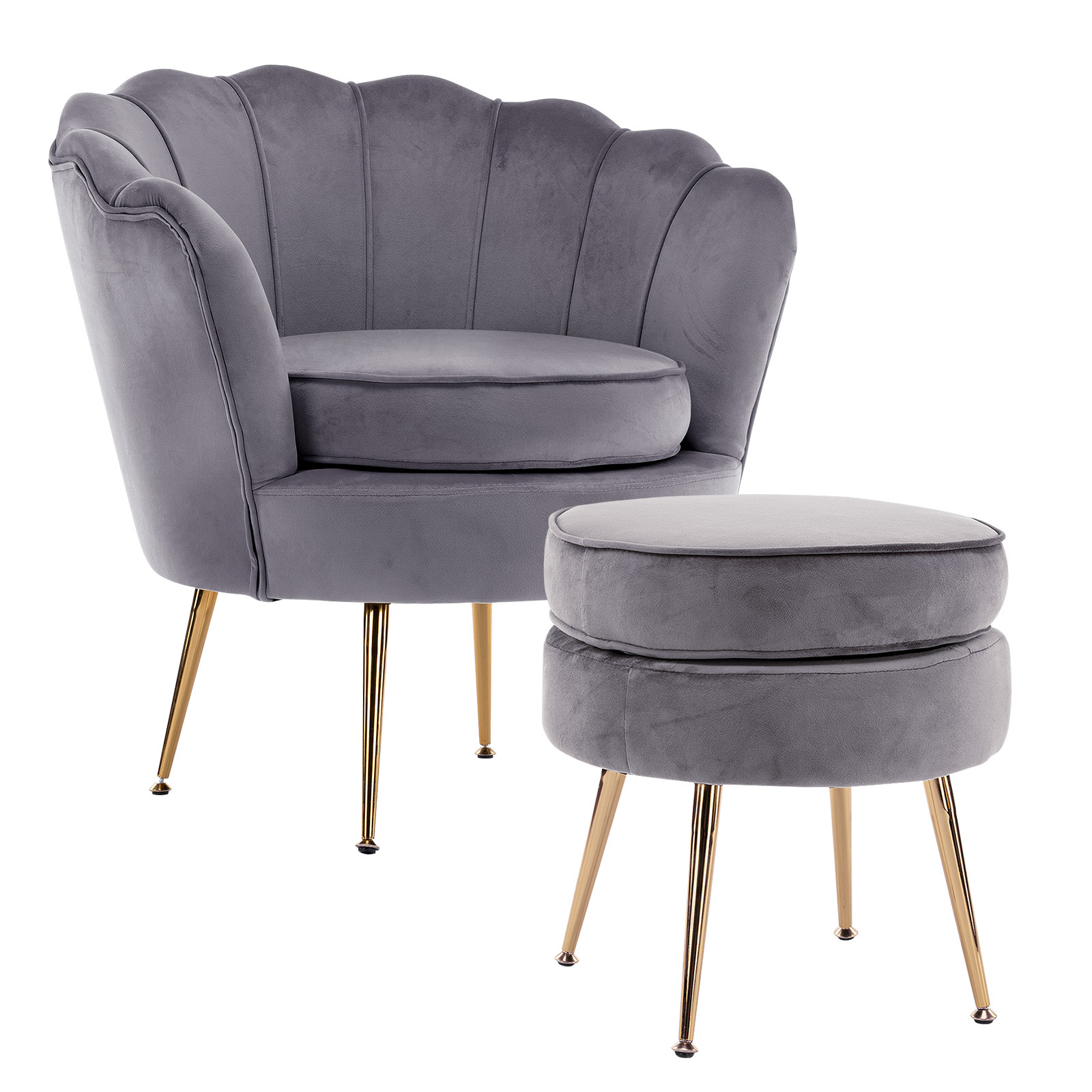 V274-FT-VAC-ST-1596-GY-FT-VAC-ST-1596-GY-00 Armchair Lounge Chair Accent Velvet Shell Scallop + Ottoman Footstool Round GREY - Image 1