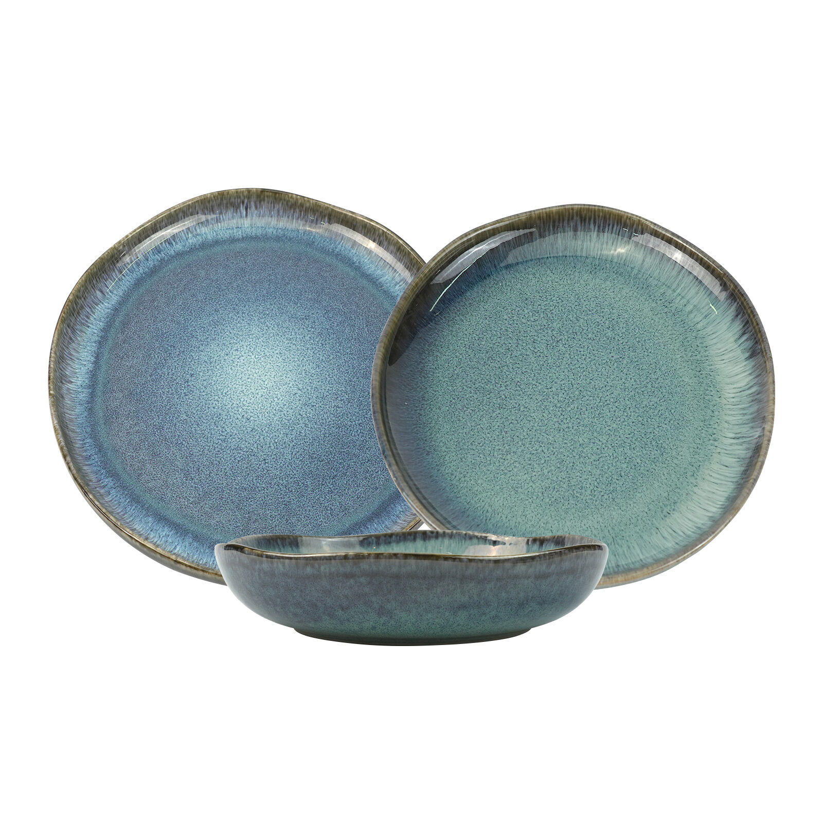 V274-HA-LA-P0024301-BU-222361-00 3 Pieces Reactive Glazed Ceramic Organic Fine Dinner Set with Plate and Bowl EARTHY AQUA - Image 1