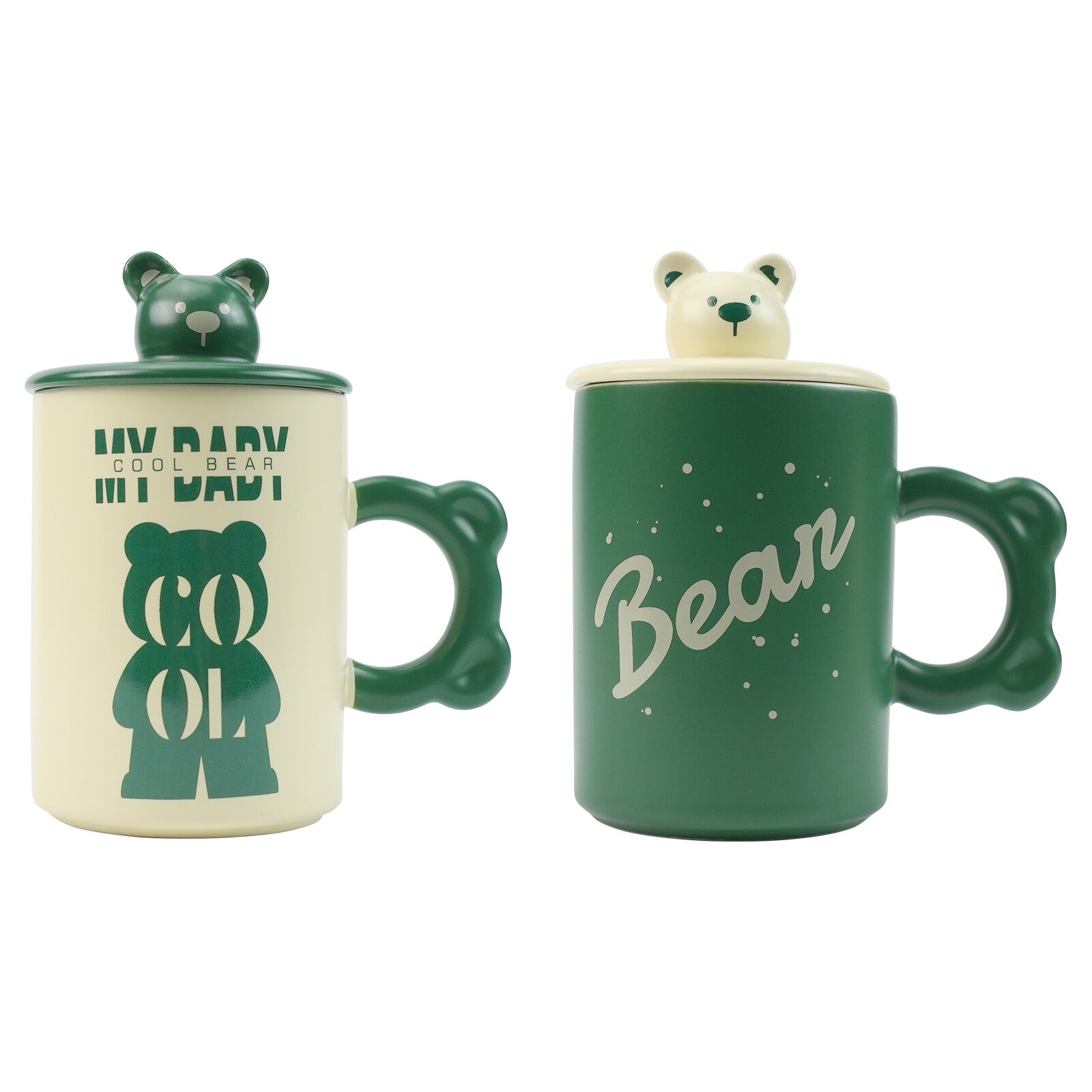 V274-HA-LA-P0024827-BEAR-222389-00 2X High-Fired Ceramic Porcelain Mug Set with Lid 400ml Bear w Tea Spoon GREEN - Image 1