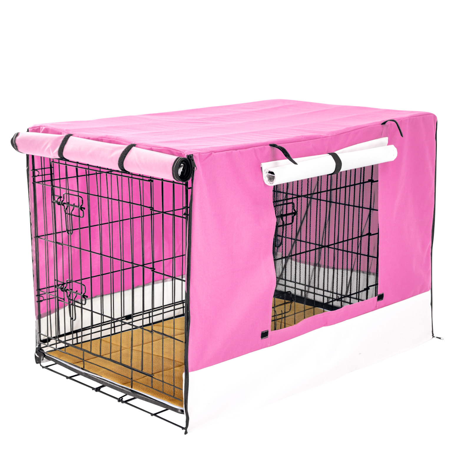 V274-PET-WCCVCU48-PK-PET-WCCVCU48-PK-00 Wire Dog Cage Crate 48in with Tray + Cushion Mat + PINK Cover Combo - Image 1