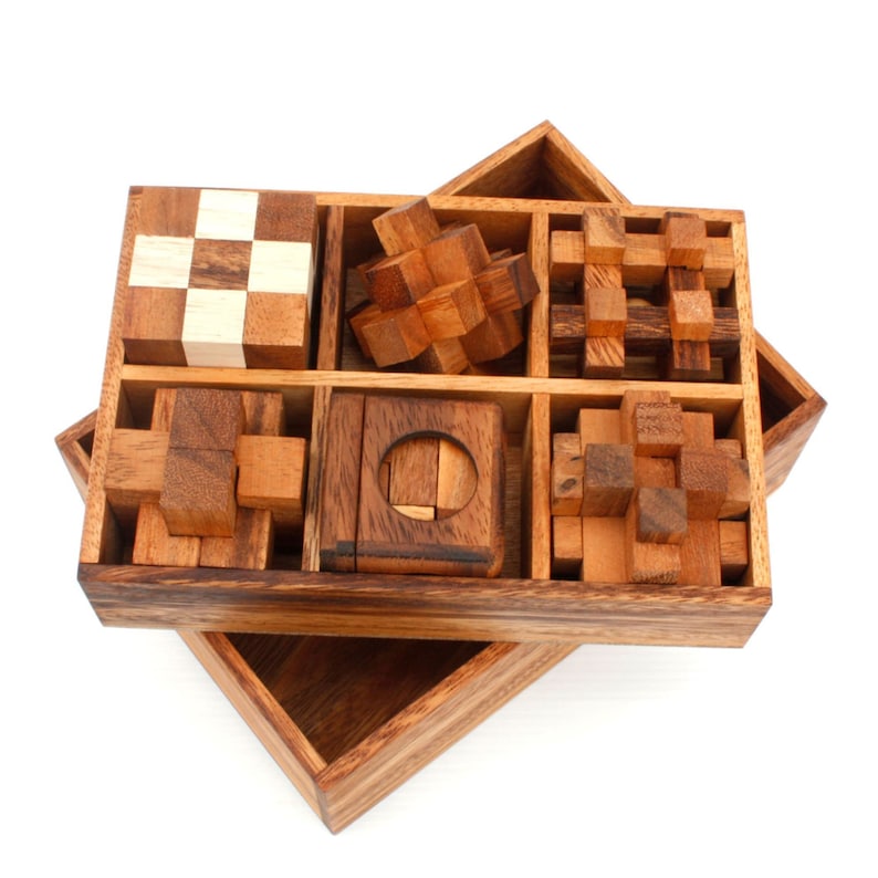 V277-UHMWP-190243-00 12 unique hand made wooden Puzzles in a Deluxe Gift Box Set-for kids or adults - Image 1