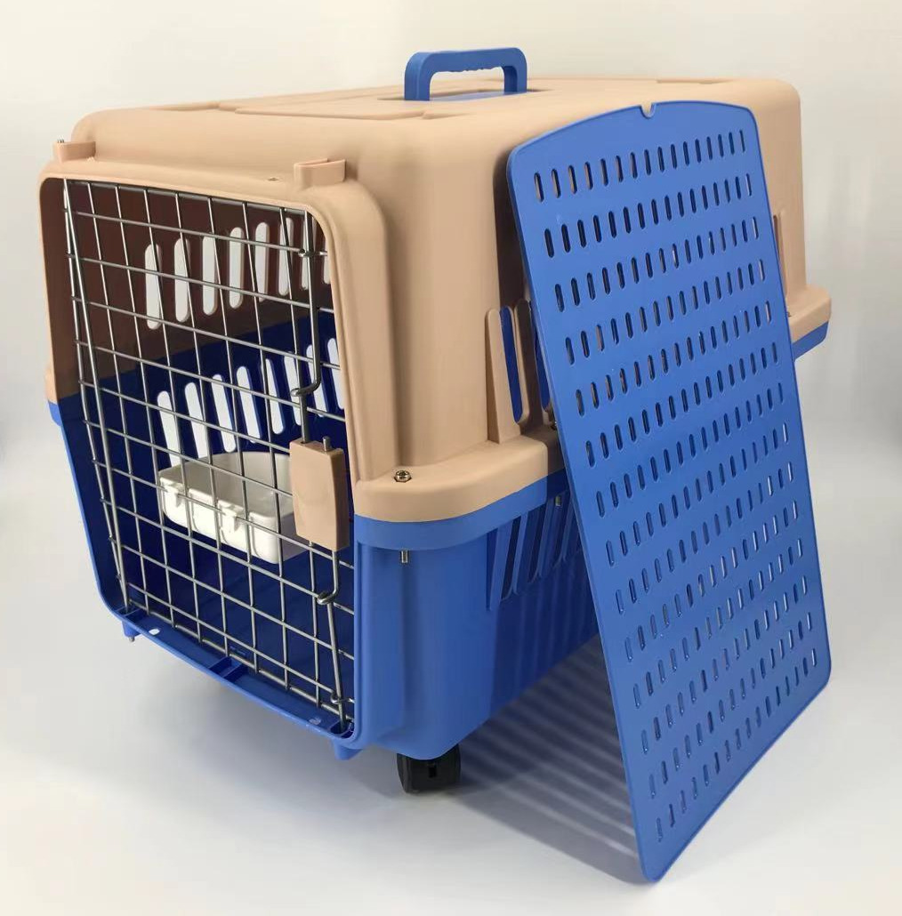 V278-AA3_BLUE-BOWL-TRAY-WHEEL-69471-00 YES4PETS Blue Large Dog Puppy Cat Crate Pet Carrier Cage With Tray, Bowl & Wheel - Image 1