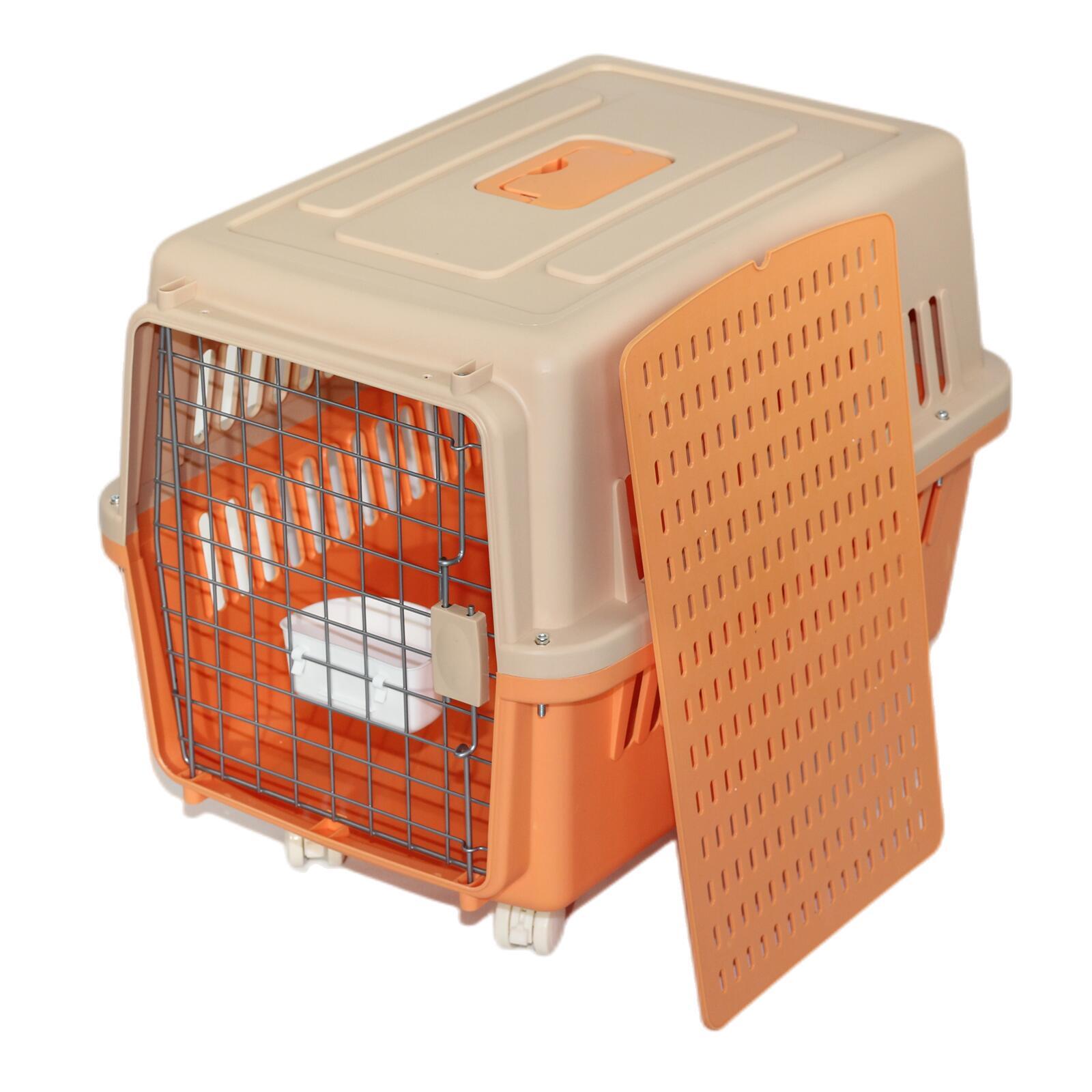 V278-AA3_ORANGE-BOWL-TRAY-WHEE-69433-00 YES4PETS Large Dog Cat Crate Pet Carrier Rabbit Airline Cage With Tray, Bowl & Wheel Orange - Image 1