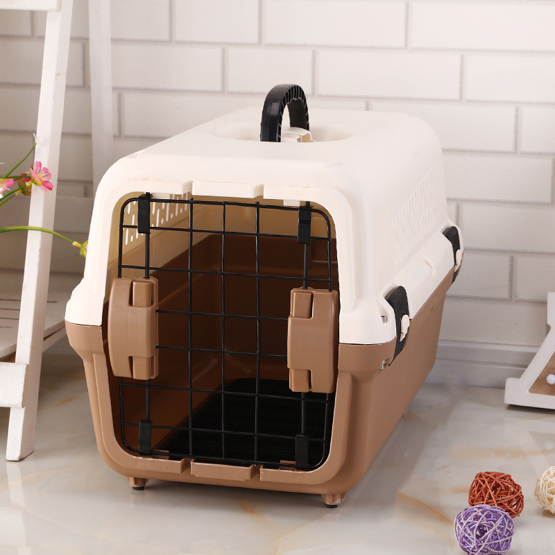 V278-BP270-CARRIER-S-BRWON-69493-00 YES4PETS Small Portable Plastic Dog Cat Pet Pets Carrier Travel Cage With Tray-Brown - Image 1