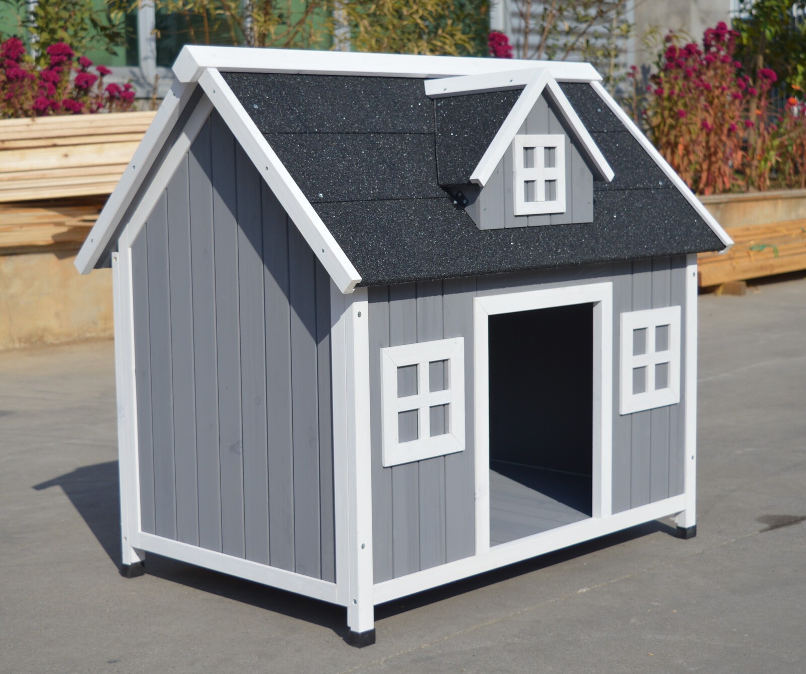 V278-DK366-CW12H0365-72143-00 YES4PETS Grey Large Timber Pet Dog Puppy Wooden Cabin Kennel Timber House - Image 1