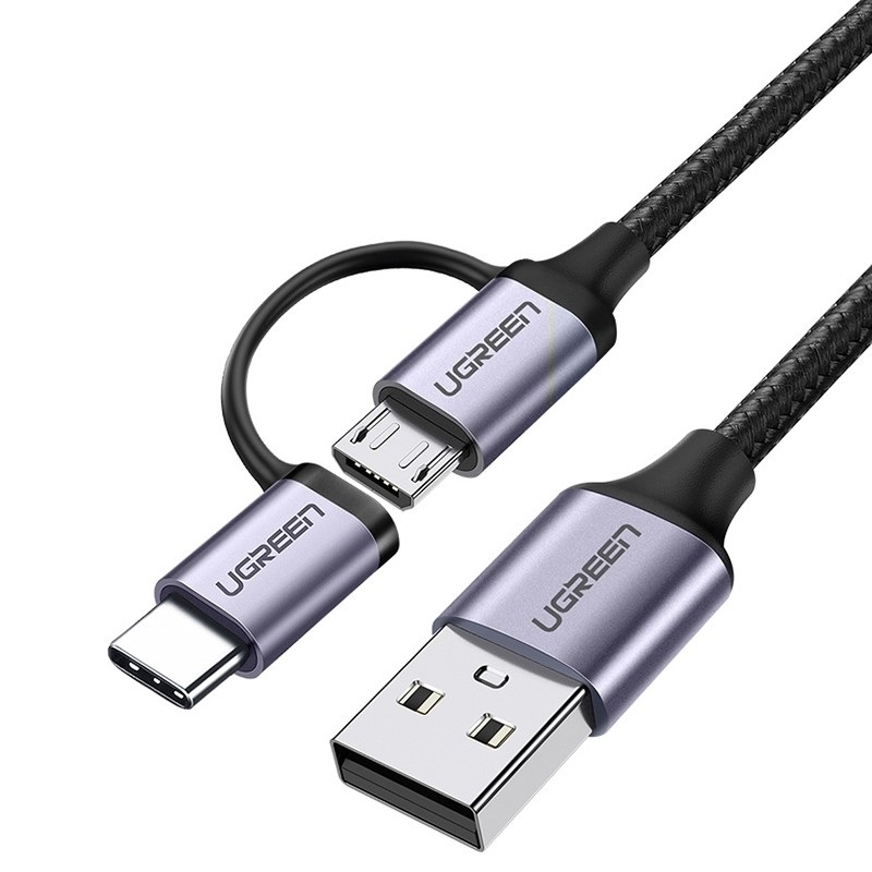 V28-ACBUGN30875-197917-00 UGREEN 30875 2-in-1 USB-A to Micro USB / USB-C Cable 1m - Image 1