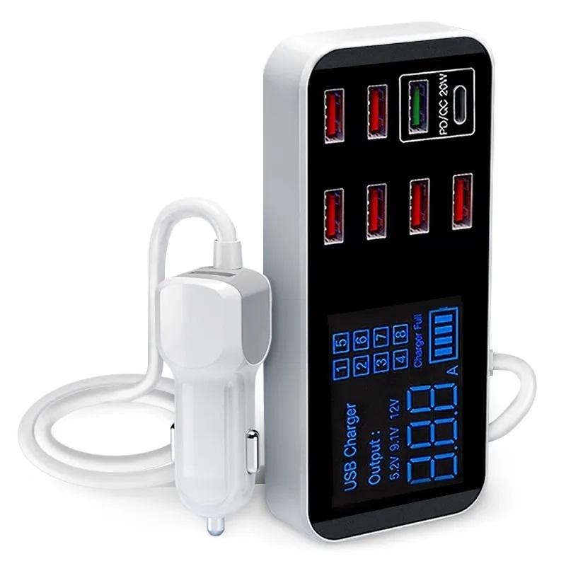 V28-ELEINTWLXA9S-175005-00 8-Port PD+QC3.0 Car Charger with LED Display - Image 1