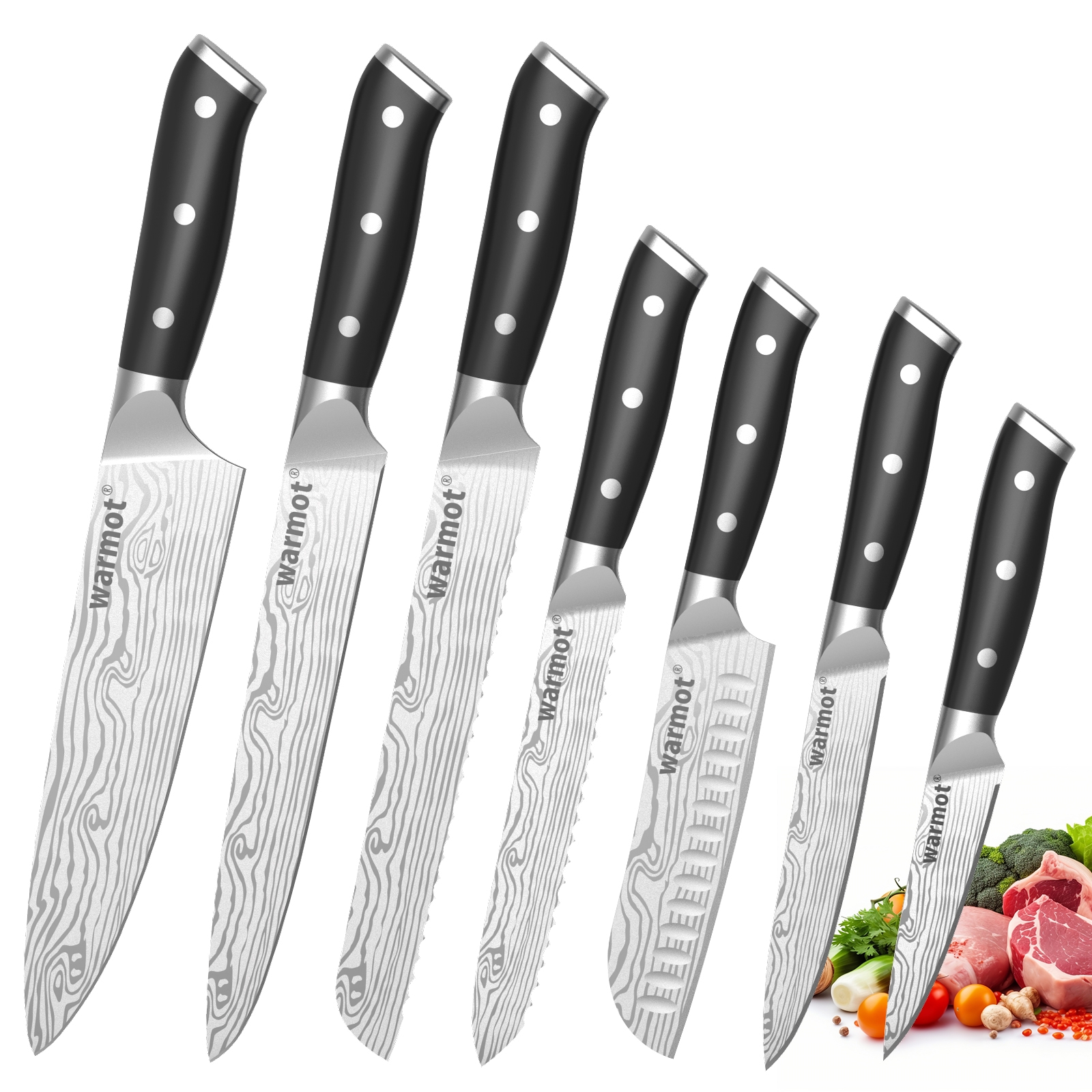 V28-ELEWMT997-7-197909-00 Warmot 7-Piece High Carbon Stainless Steel Cooking Knife Triple Riveted Handle with Gift Box(997-7) - Image 1