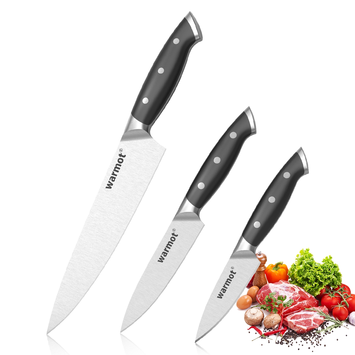 V28-ELEWMTP317B3-197910-00 Warmot 3-Piece High Carbon Stainless Steel Ultra Chef Knife Set with Gift Box (317-3) - Image 1
