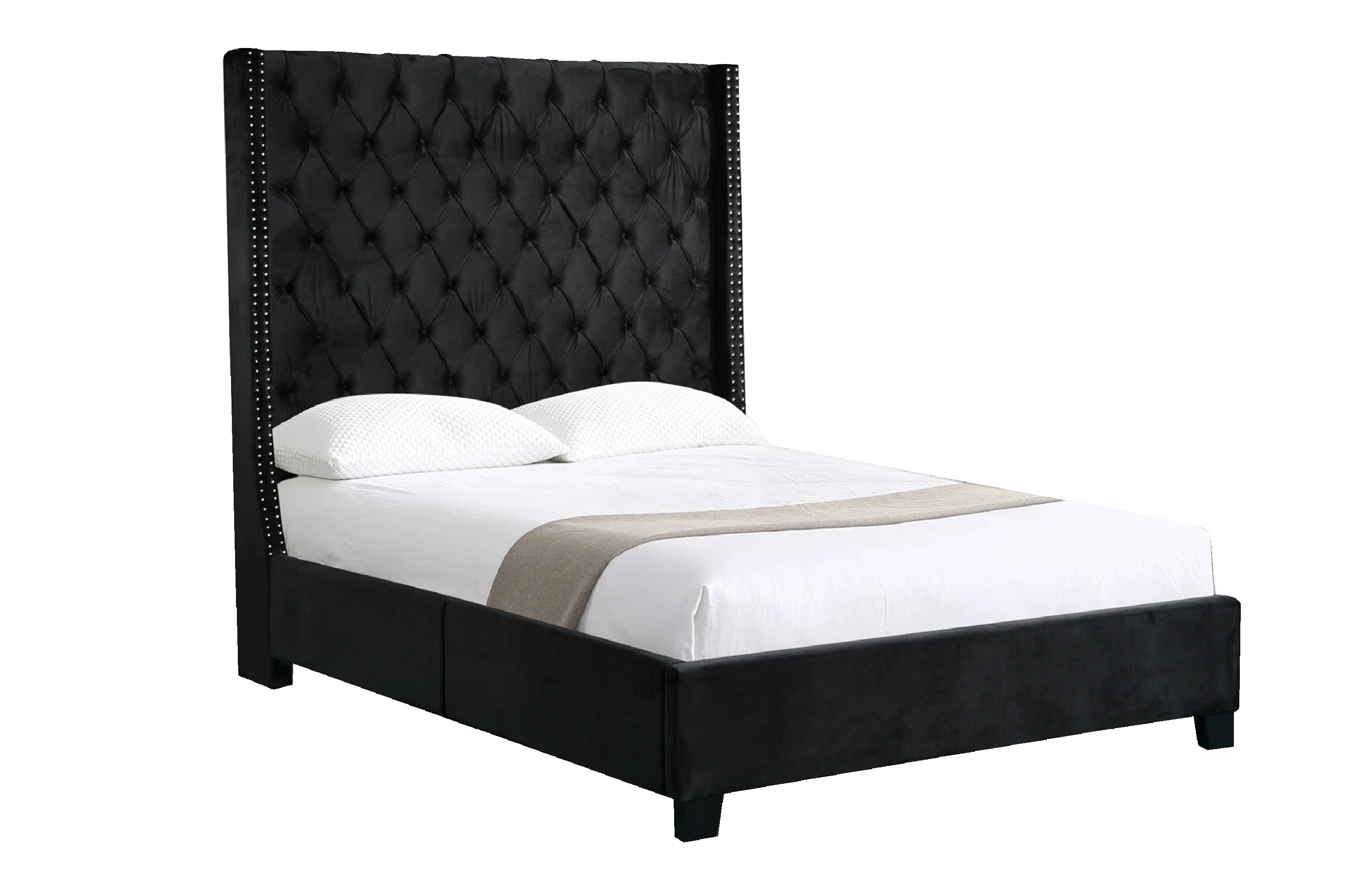 V292-BED-ELLA-BLACK-QUEEN-91502-00 Ella Black Velvet Winged Bed 180cm - Queen - Image 1