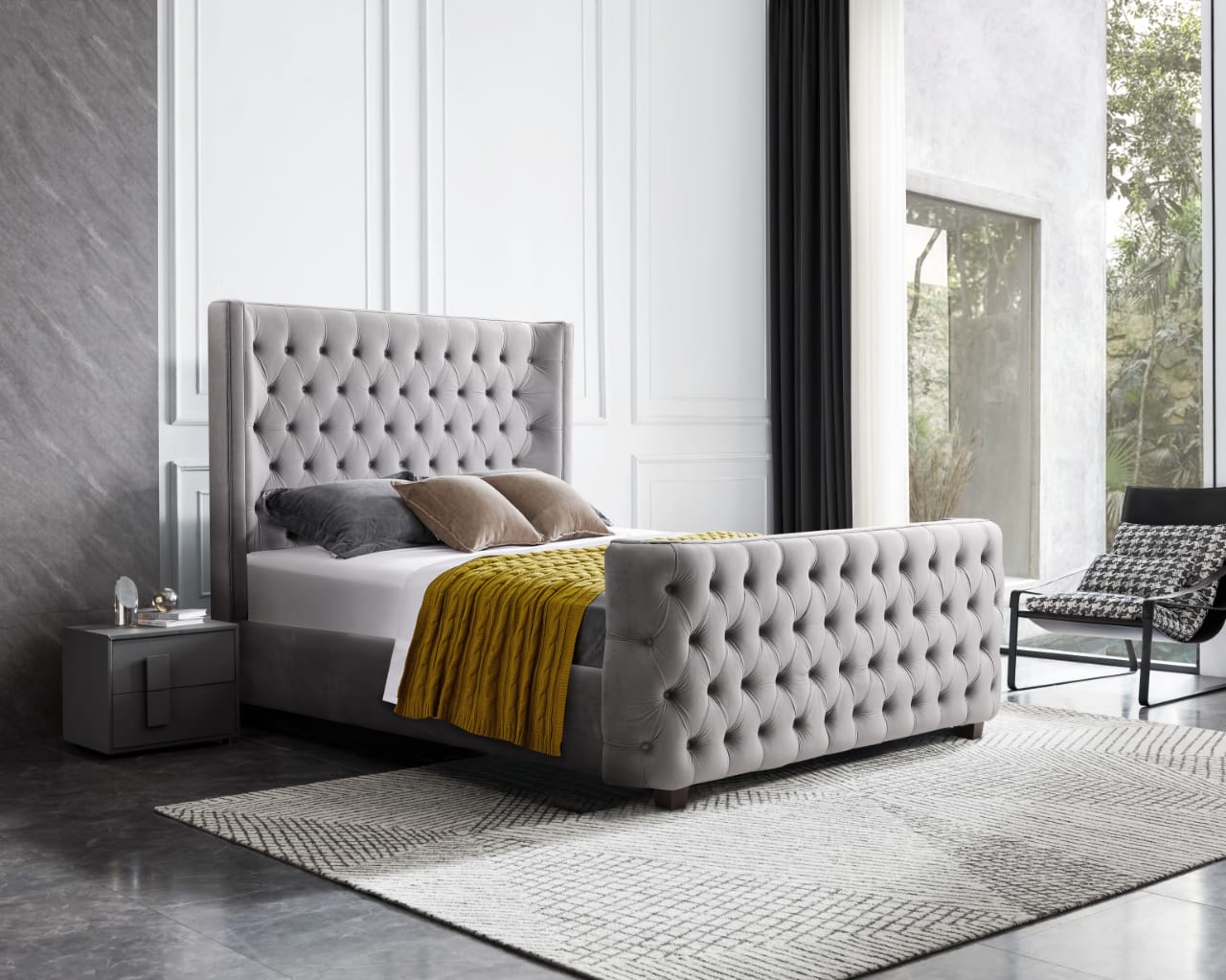V292-BED-MILAN-GREY-KING-159736-00 Milan Grey Velvet Tufted Headboard and End board Bed Frame - King - Image 1