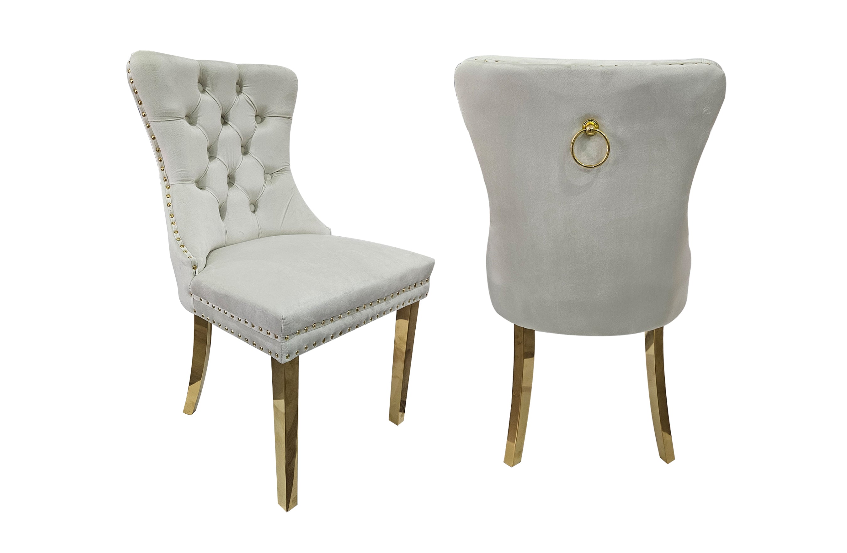 V292-DC-ALSEA-BEIGE-GOLD-202225-00 Set of 2 -Alsea Beige Velvet & Gold Polished Steel Dining Chairs Upholstered Tufted Stud Trim and Ring - Image 1