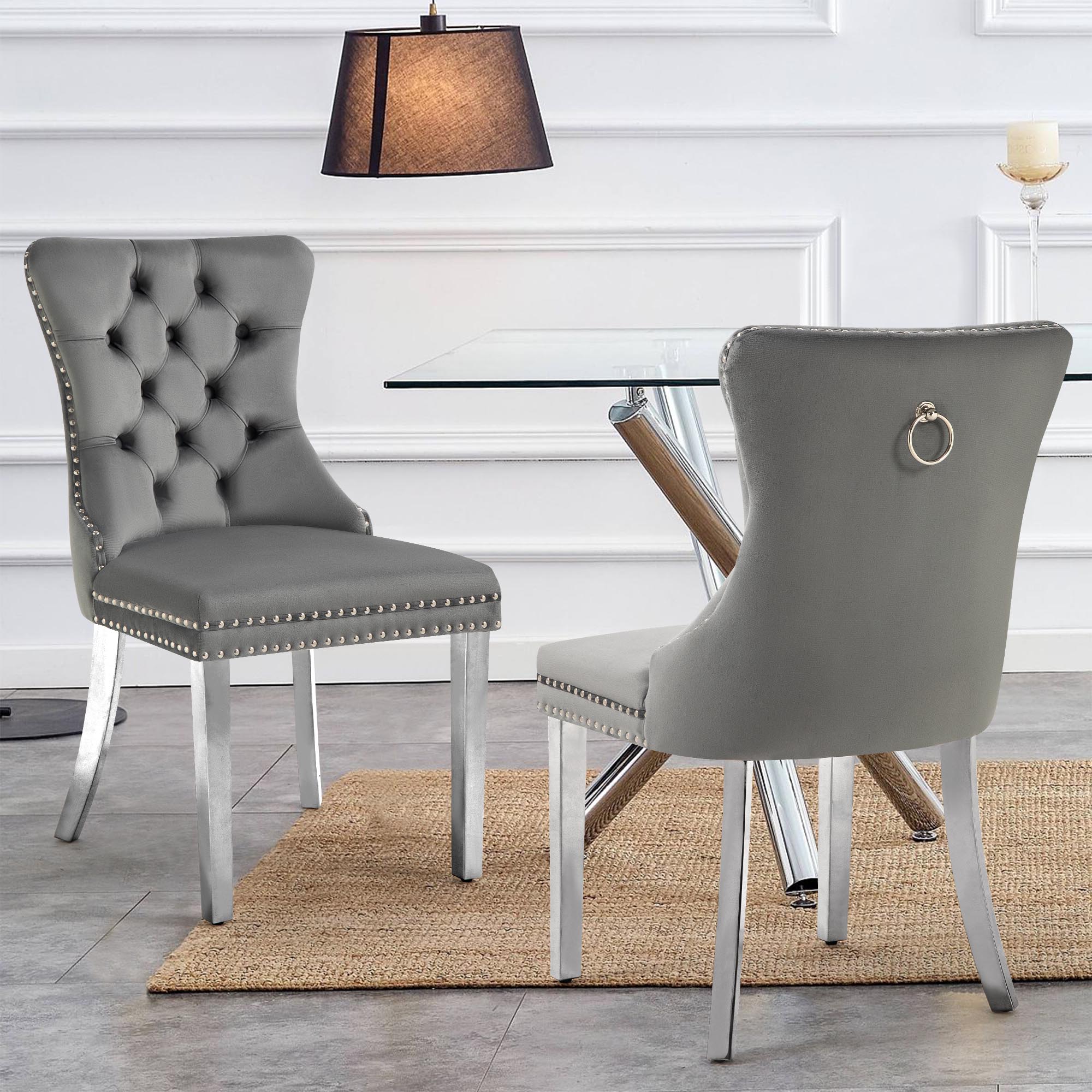 V292-DC-ALSEA-DGREY-SILVER-141261-00 Set of 2 -Alsea Dark Grey Velvet & Silver Steel Dining Chairs Upholstered Tufted Stud Trim and Ring - Image 1