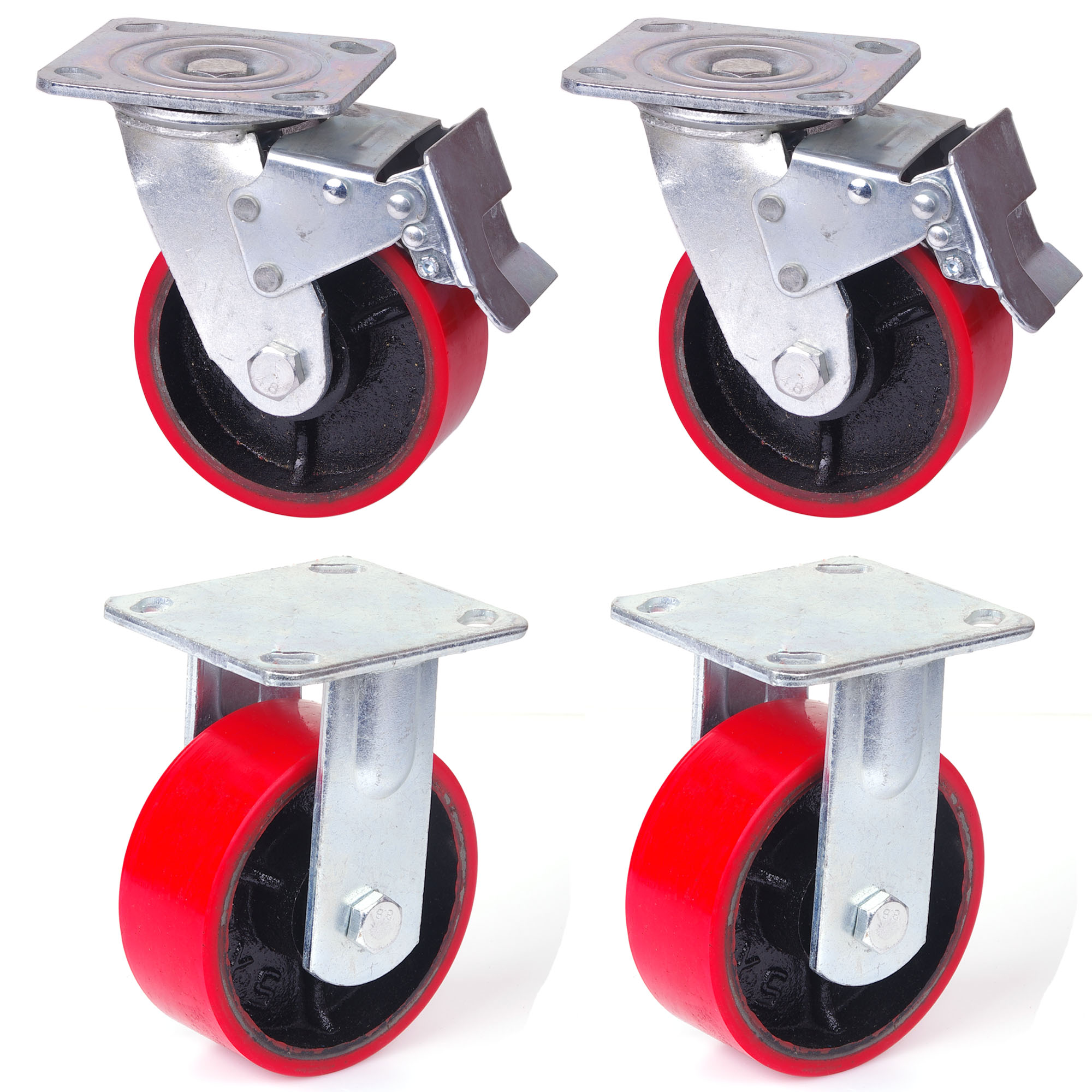 V324-4X-5IN-RD-WHEEL-139454-00 4x 5 inch Industrial 2000KG Swivel Brake Locking Caster Castor Wheels Casters 2x swivel 2x fixed Furniture Workbench - Image 1