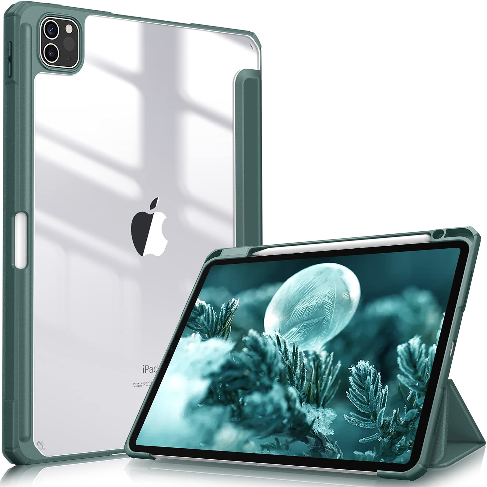 V324-IP11-TPUCLE-DGREEN-130977-00 iPad Pro 11 Inch 2020-2022 Soft Tpu Smart Premium Case Auto Sleep Wake Stand Clear Cover Pencil holder Dark Green - Image 1
