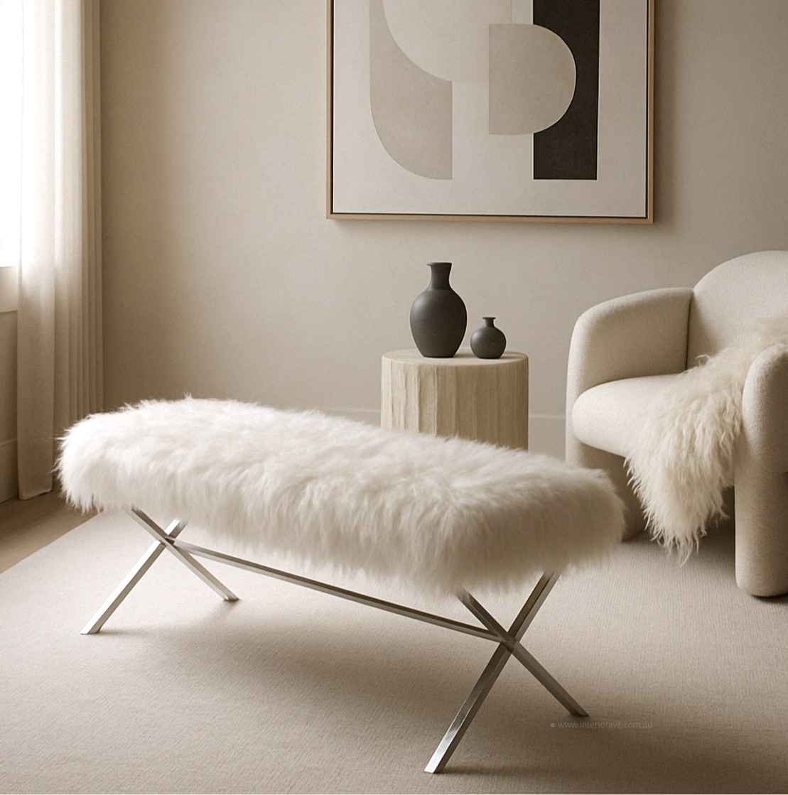 V355-IA-B-OWS-202504291712-00 Interior Ave - Oxley Fur Bench - White & Silver - Image 1