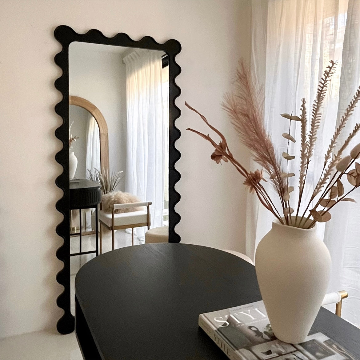 V355-IA-DM-FB-215796-00 Interior Ave - Freya Scallop Mirror - Black - Large Full Length Mirror - Image 1