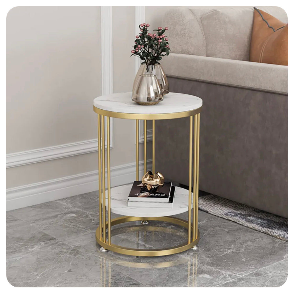 V355-JJ-XZ218-G1-61502-00 Interior Ave Cleo Gold Two Shelf Stone Side Table - Image 1