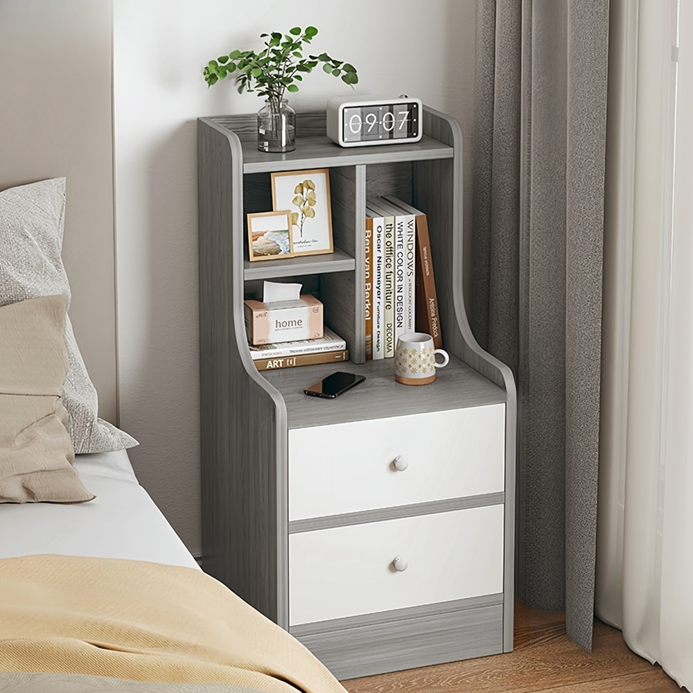V360-ZC-FNBT0040-2D-GYWT-47-202506191341-00 Minimalist Nightstand Light Gray Wood Grain White Fronts Curved Design Drawers - Image 1