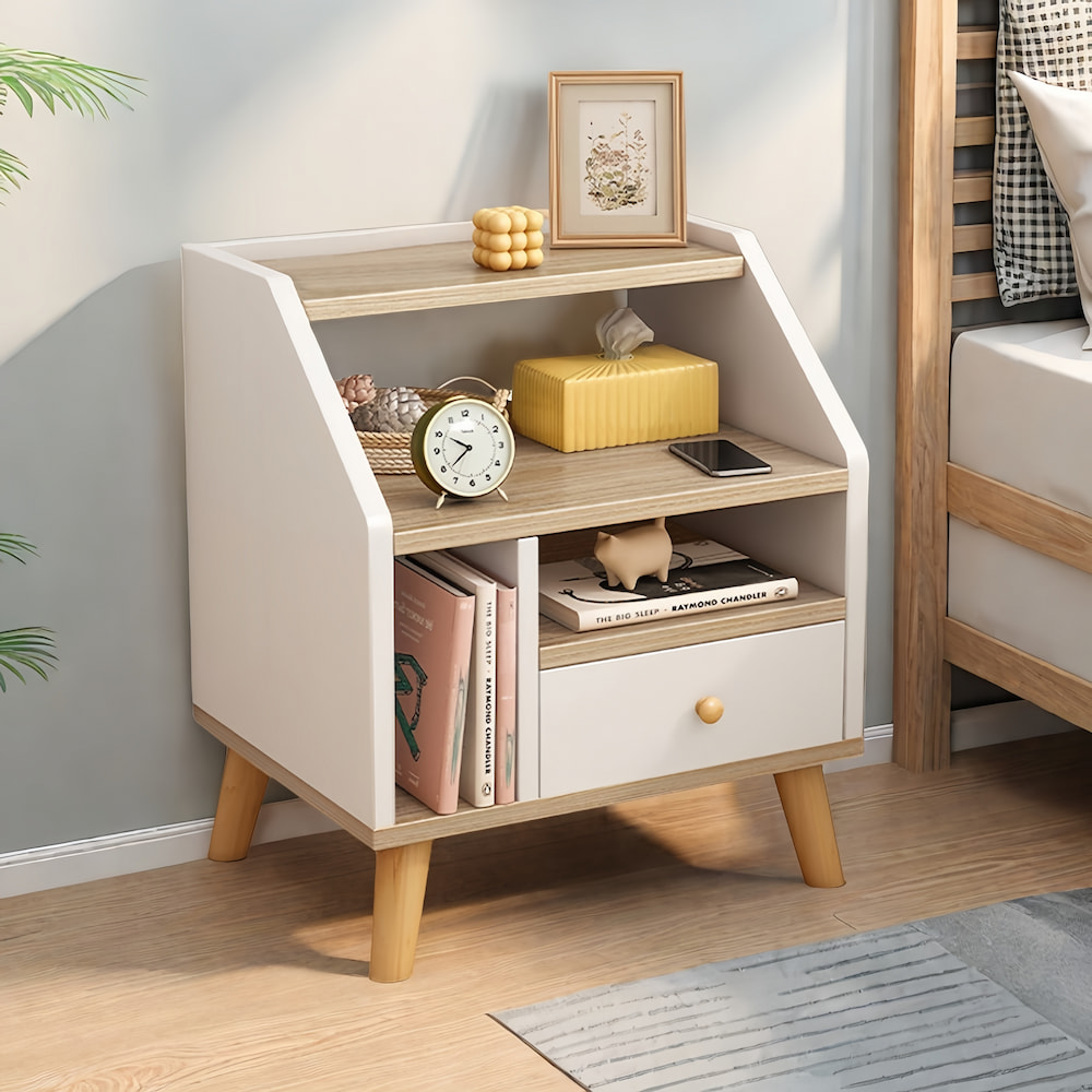 V360-ZC-FNBT0049-WTBG-1D-47-202506191345-00 Compact Nightstand Wooden Legs Open Shelves Side Compartment White Wood Design - Image 1