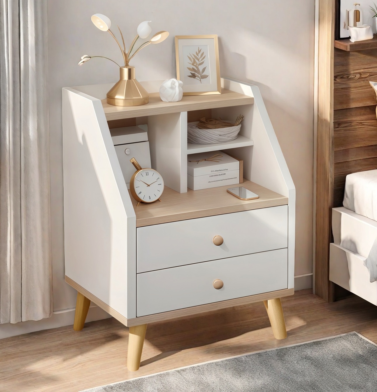 V360-ZC-FNBT0049-WTBG-2D-47-202506191345-00 Two-Tone Nightstand Wooden Legs Compartment Storage Drawers White Wood Design - Image 1