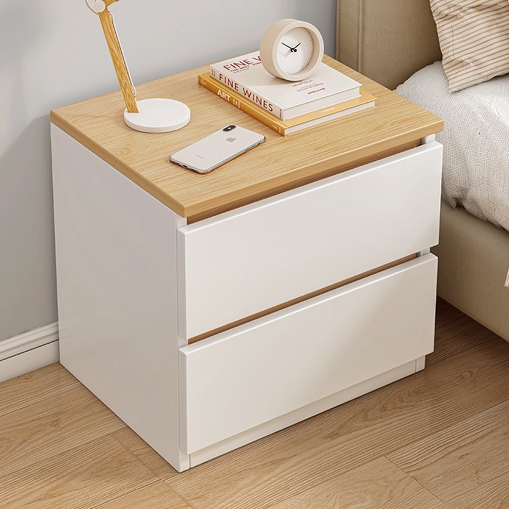 V360-ZC-FNBT0052-WTBG-2D-47-202506191411-00 Modern Nightstand Oak Wood Grain Top White Cabinet Double Drawer Finger Pull - Image 1