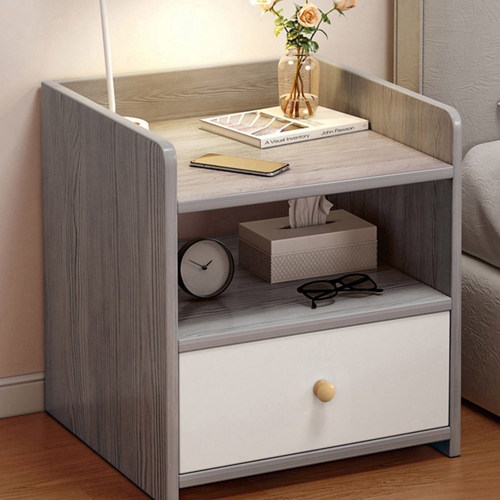 V360-ZC-FNBT0069-GYWT-1D-47-202506191413-00 Modern Nightstand Light Gray Wood Grain Safety Tray Storage White Drawer 48cm - Image 1