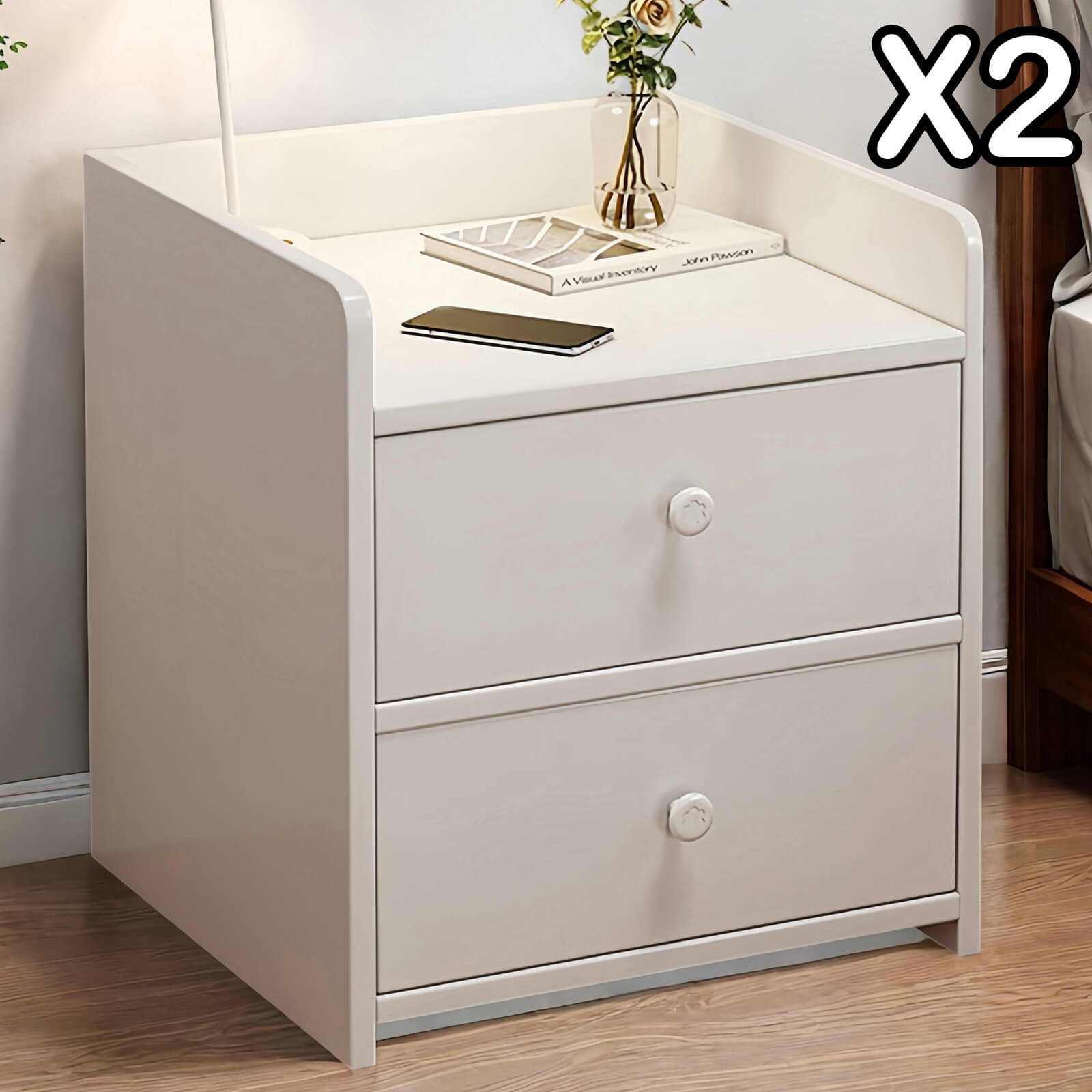 V360-ZC-FNBT0069-WT-2D-47X2-202506191415-00 2x Bedside table set with drawers, minimalist design, white finish, modern style - Image 1