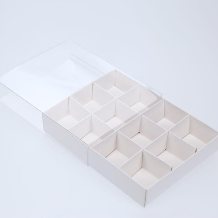 V382-100CHOC12BAY-144355-00 100 Pack of White Card Chocolate Sweet Soap Product Retail Gift Box - 12 bay 4x4x3cm Compartments - Clear Slide On Lid - 16x12x3cm - Image 1