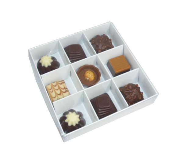 V382-10CHOC9BAY-67358-00 10 Pack of White Card Chocolate Sweet Soap Product Reatail Gift Box - 9 bay 4x4x3cm Compartments - Clear Slide On Lid - 12x12x3cm - Image 1