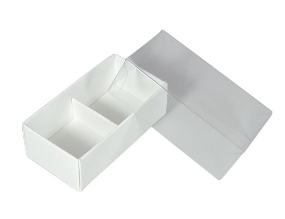 V382-50CHOC2BAY-144392-00 50 Pack of White Card Chocolate Sweet Soap Product Reatail Gift Box - 2 Bay Compartments - Clear Slide On Lid - 8x4x3cm - Image 1