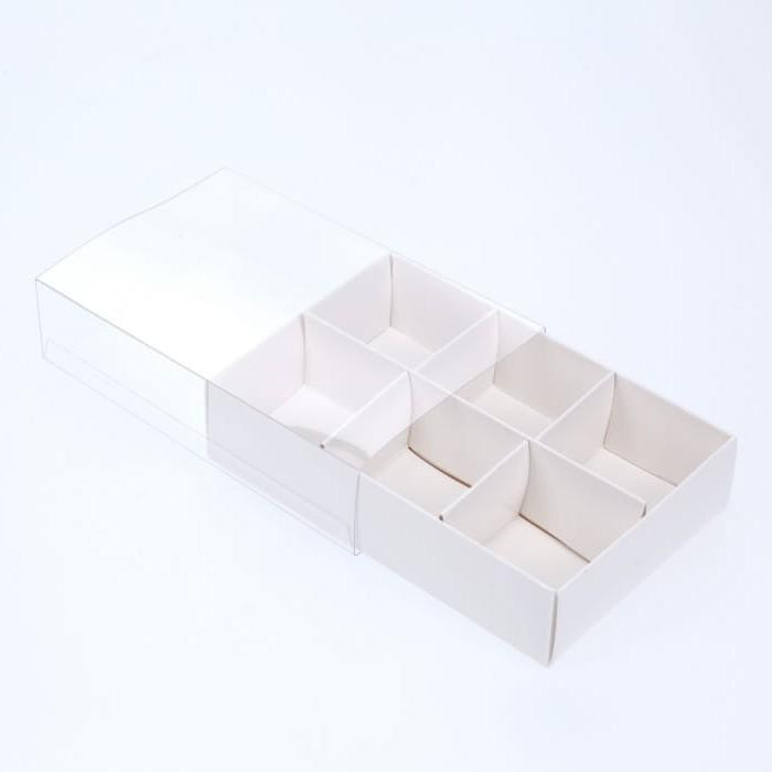 V382-50CHOC6BAY-144390-00 50 Pack of White Card Chocolate Sweet Soap Product Reatail Gift Box - 6 Bay Compartments - Clear Slide On Lid - 12x8x3cm - Image 1