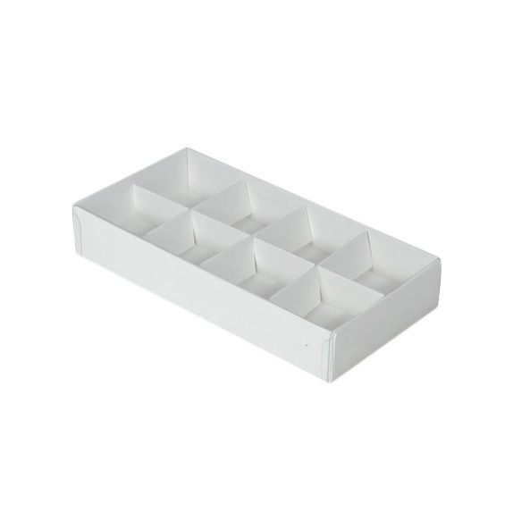 V382-50CHOC8BAY-144389-00 50 Pack of White Card Chocolate Sweet Soap Product Reatail Gift Box - 8 bay 3cm Compartments - Clear Slide On Lid - 16x8x3cm - Image 1
