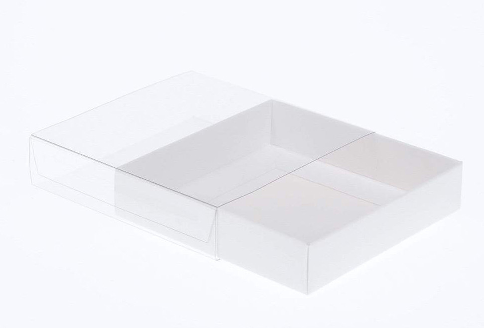 V382-50INVBOXWH10X10X2-144302-00 50 Pack of 10cm Square Invitation Coaster Favor Function product Presentation Cookie Biscuit Patisserie Gift Box - 2cm deep - White Card with Clear Slide On PVC Lid - Image 1
