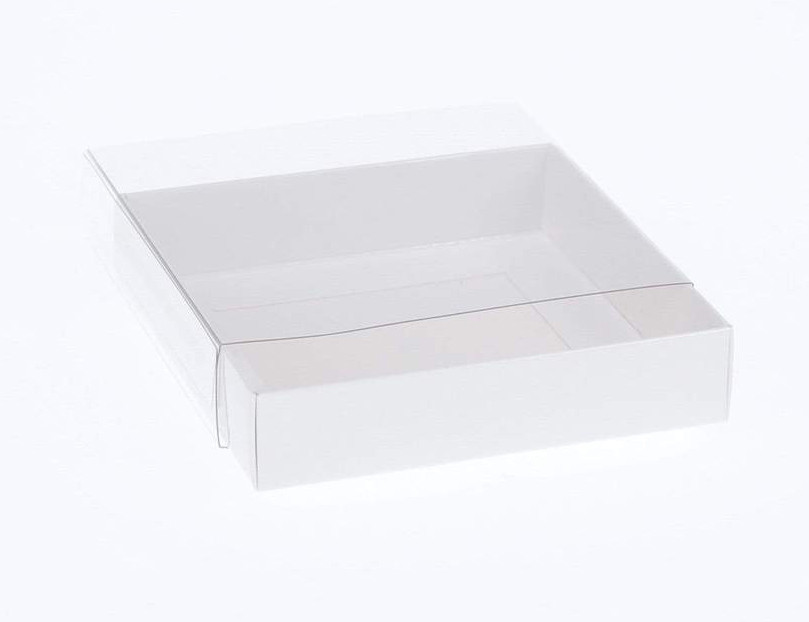 V382-50INVBOXWH15X15X4-144300-00 50 Pack of 15cm Square Invitation Coaster Favor Function product Presentation Cookie Biscuit Patisserie Gift Box - 4cm deep - White Card with Clear Slide On PVC Lid - Image 1