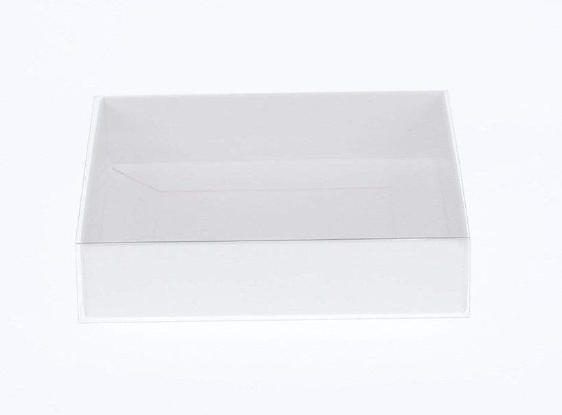 V382-50WHITEHAMP20X20X8-144395-00 50 Pack of White Card Square Box - Clear Slide On Lid - 20 x 20 x 8cm - Large Beauty Product Gift Giving Hamper Tray Merch Fashion Cake Sweets Xmas - Image 1