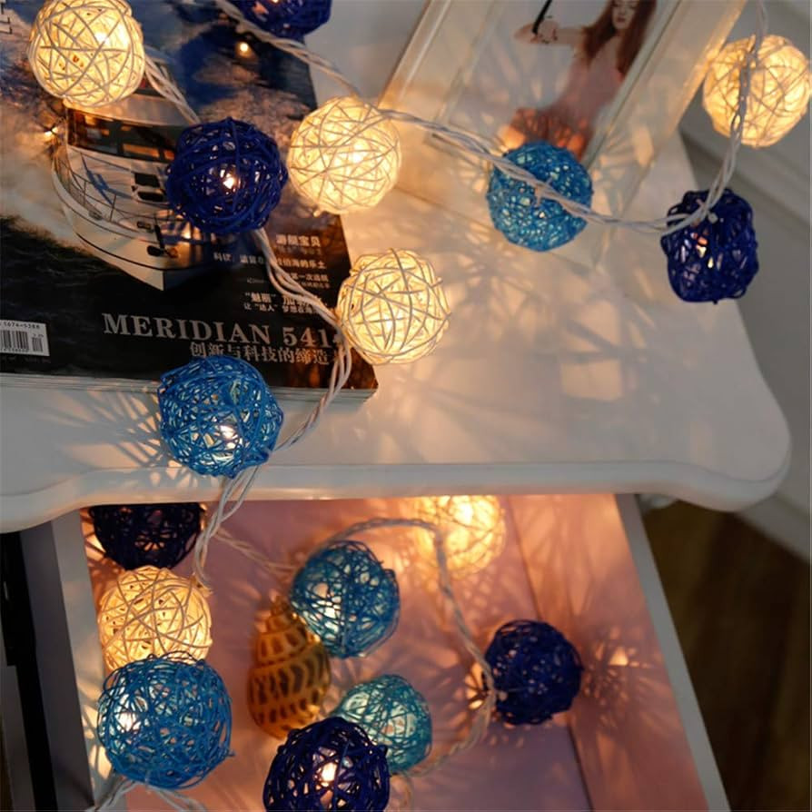V382-BLUWHITERATTBALLBATT20-202504040940-00 1 Set of Blue n White 5cm Rattan Cane 20 Ball Battery Powered 3m String Lights Christmas Gift Home Wedding Party Bedroom Decoration Table Centrepiece - Image 1