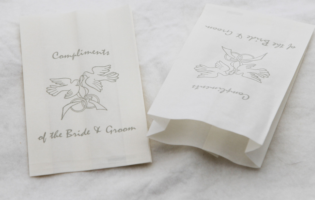 V382-CAKEBAG100DOVES-202503040845-00 100 Pack Wedding Cake Bags Greaseproof Wax Paper Slice Take Home Favour Silver Doves - Image 1